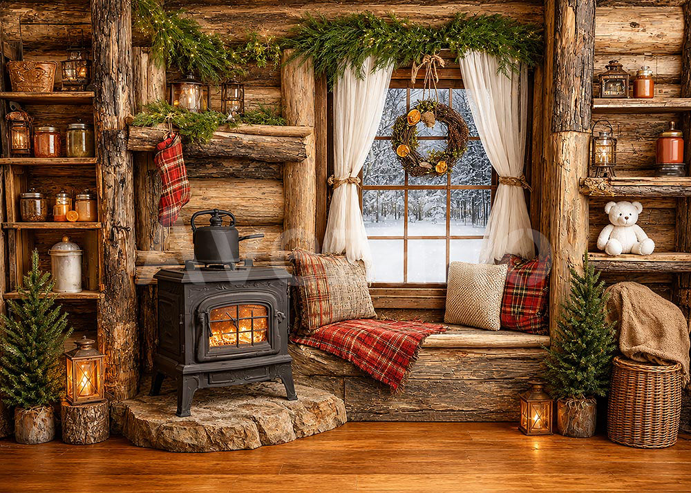 Avezano Log Cabin Fireplace Christmas Photography Backdrop