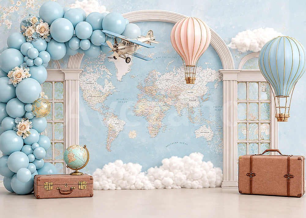 Avezano World Map Hot Air Balloon Adventure Photography Backdrop