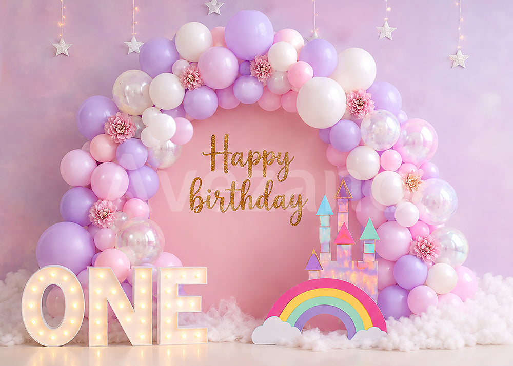 Avezano Purple Pink Castle One Birthday Balloon Photography Backdrop