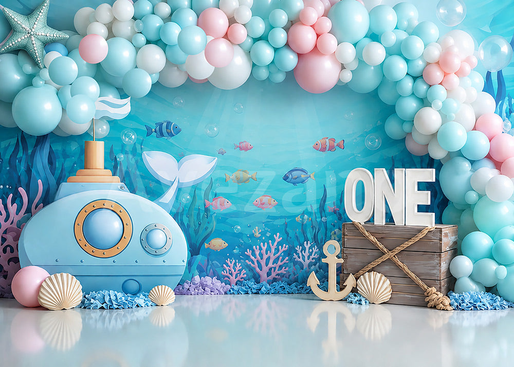 Avezano Underwater Submarine Balloon One Birthday Photography Backdrop