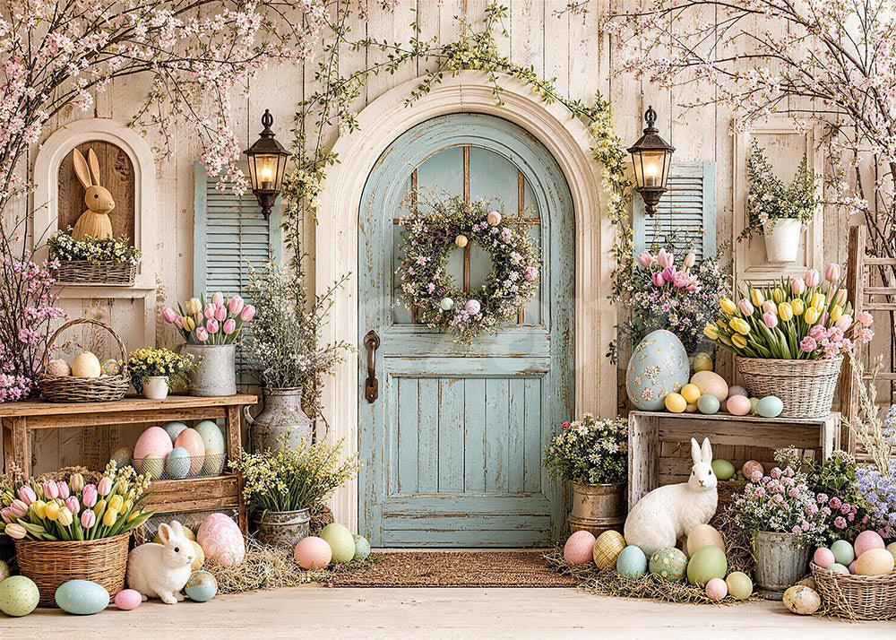 Avezano Vintage Blue Door Easter Floral Photography Backdrop
