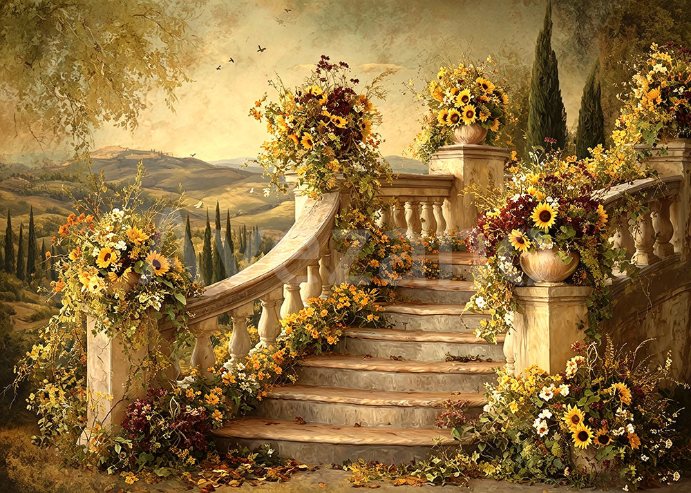 Avezano Vintage Sunflower Staircase Photography Backdrop