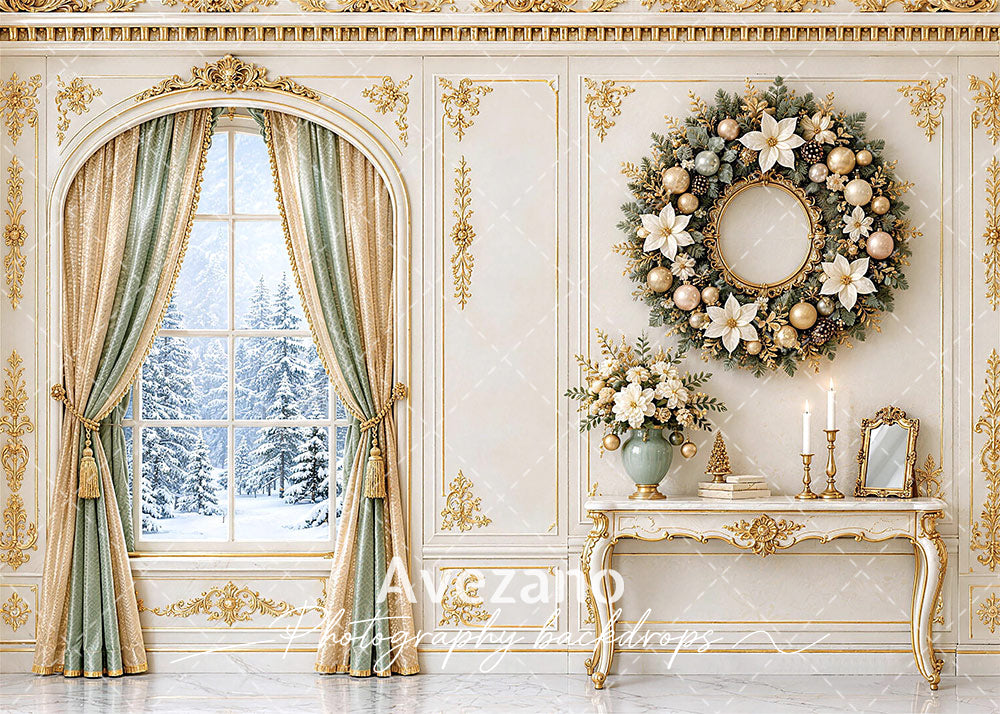 Avezano Vintage Gold Christmas Window Photography Backdrop