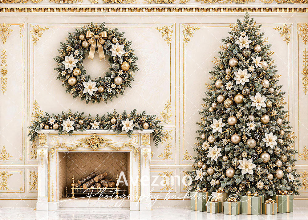 Avezano Elegant Gold Christmas Mantel Photography Backdrop