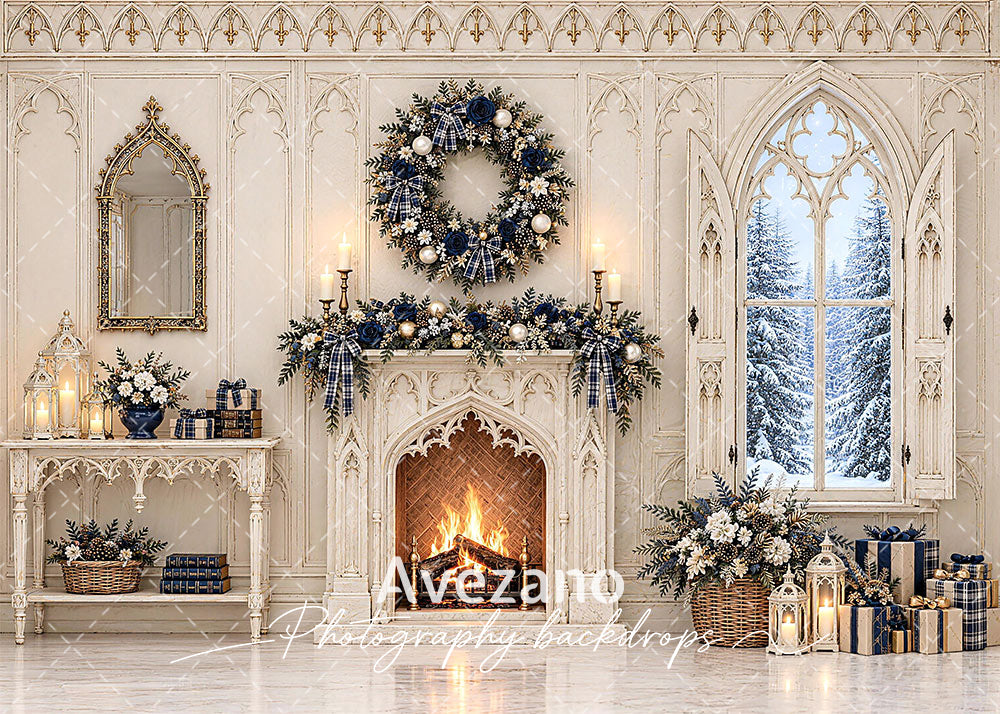 Avezano Gothic Navy Christmas Fireplace Photography Backdrop