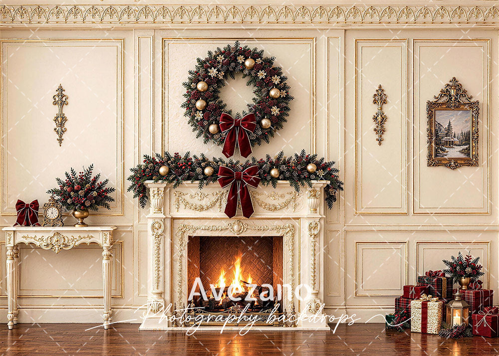 Avezano Cream Christmas Fireplace Interior Photography Backdrop