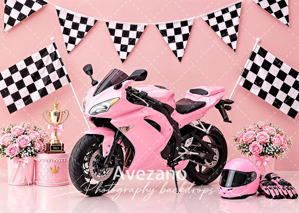 Avezano Pink Racing Motorcycle Checkered Flag Photography Backdrop