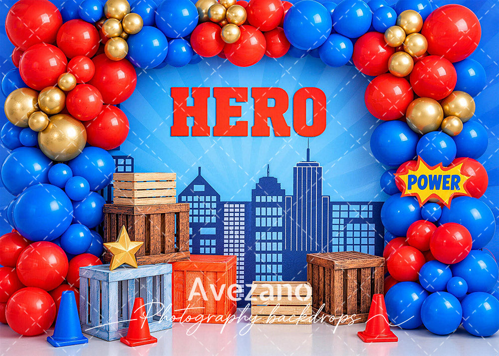Avezano Hero City Skyline Blue Red Balloon Photography Backdrop