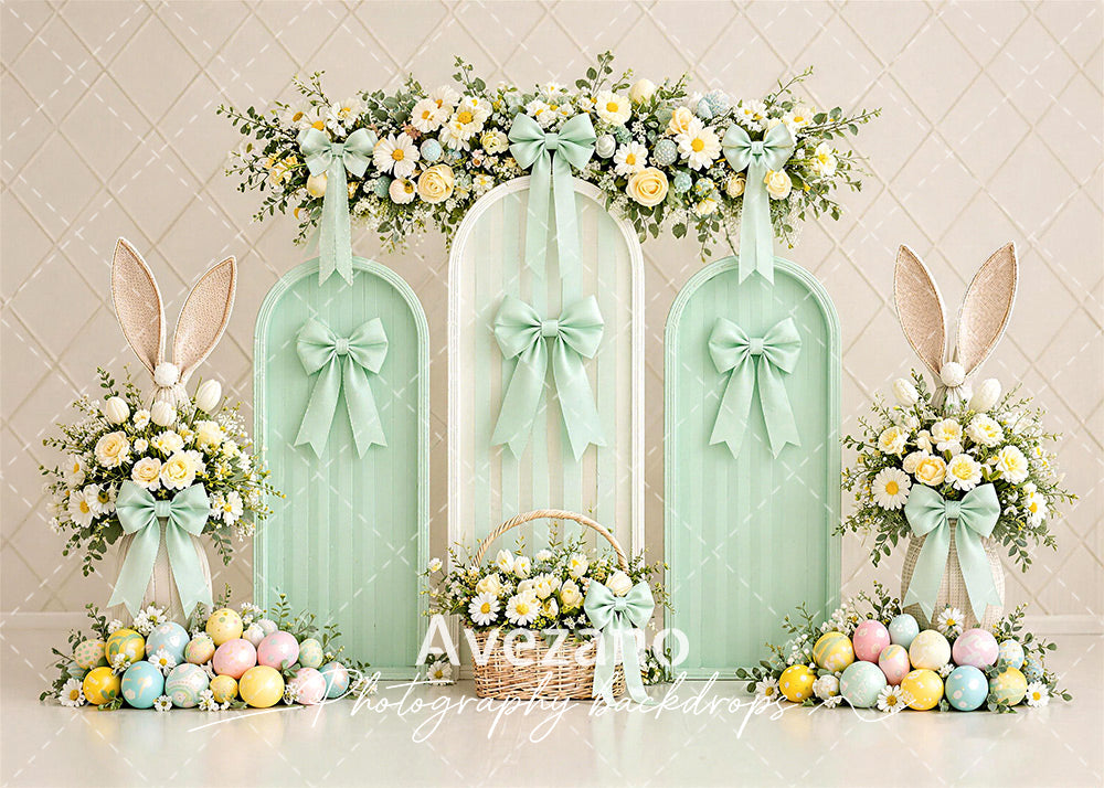 Avezano Mint Green Easter Arch Bunny Floral Egg Photography Backdrop