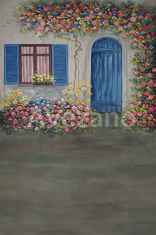 Avezano Flowers and Blue Wooden Door Oil Painting Photography Backdrop