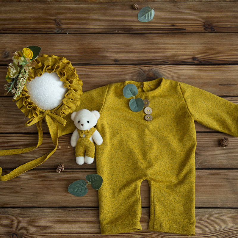 Avezano Newborn Romper Floral Hat and Bear Doll Photo Prop Set
