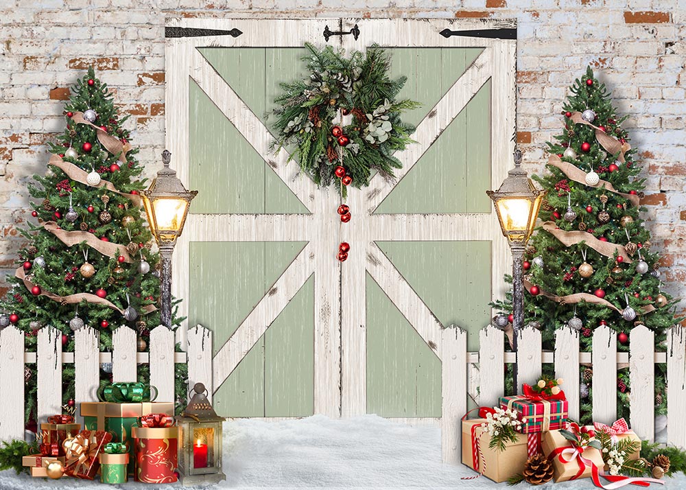 Avezano Wood Door Fence Trees Gifts Christmas Photography Backdrop-AVEZANO