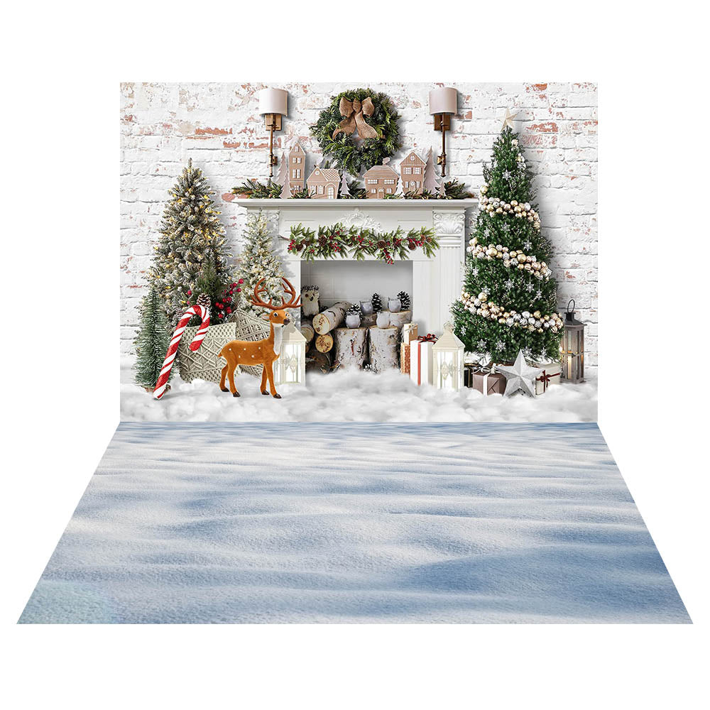Avezano Christmas Tree and Fireplace 2 pcs Set Backdrop holiday gift