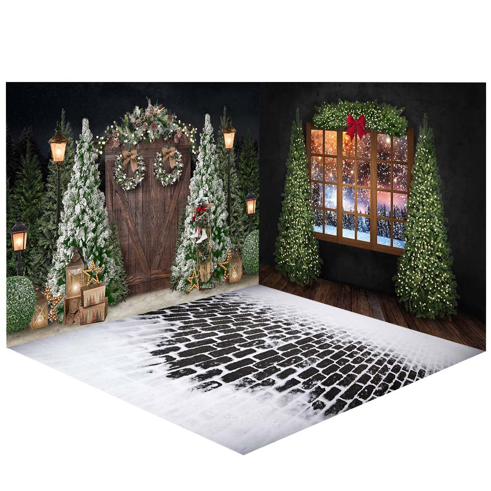 Avezano Christmas Snow Scene Fireplace Photography Backdrop Room Set-AVEZANO