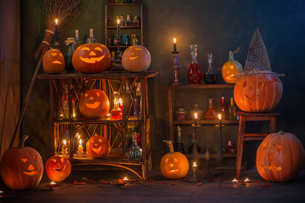 Avezano Halloween Backdrop 8x6 Ft - Scary Pumpkin Shop Photo Background With Bats & Spiders