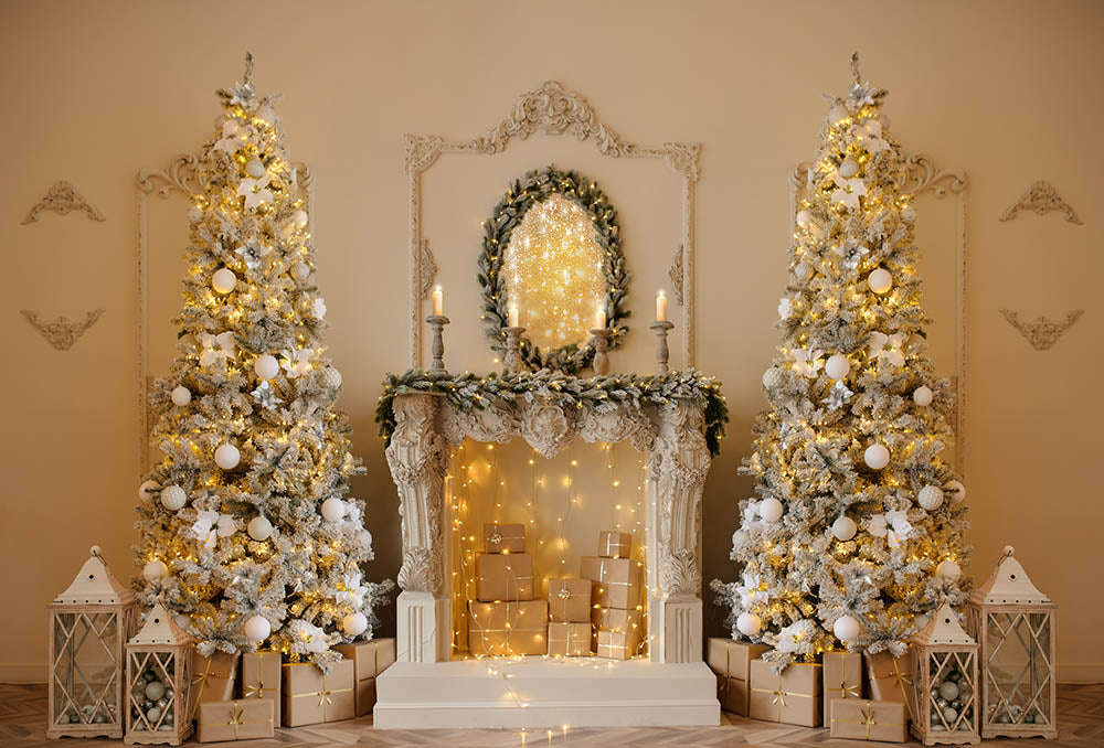 Avezano Christmas Trees and Fireplace Decorated with Light Strips