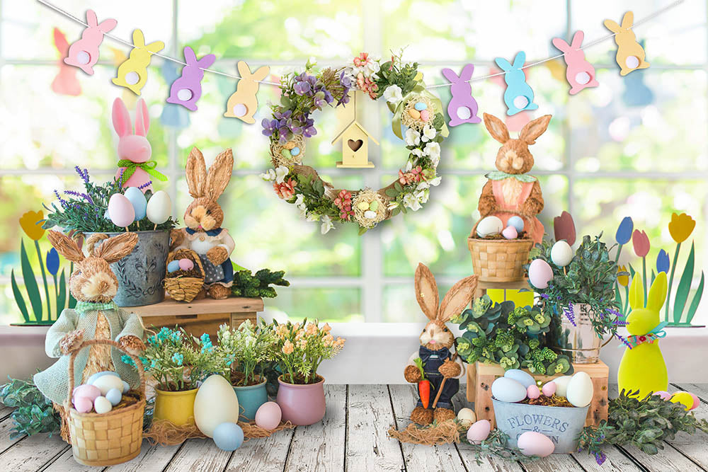 Avezano Garlands and Rabbits Spring Easter Photography Backdrop-AVEZANO