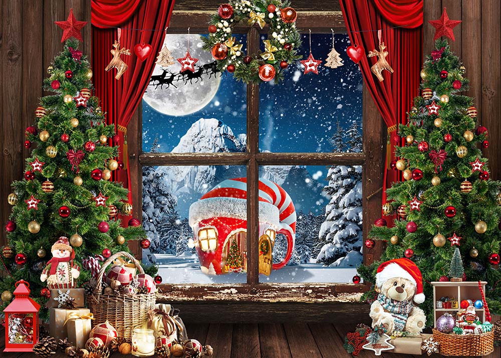 Avezano Christmas Trees Gifts Wood Window Backdrop For Photography-AVEZANO