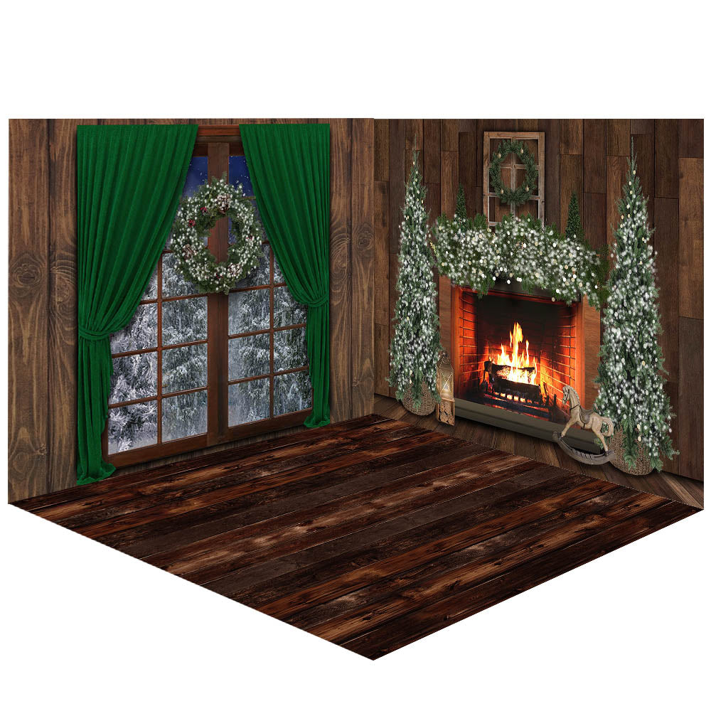 Avezano Christmas green curtains Photography Backdrop Room Set-AVEZANO