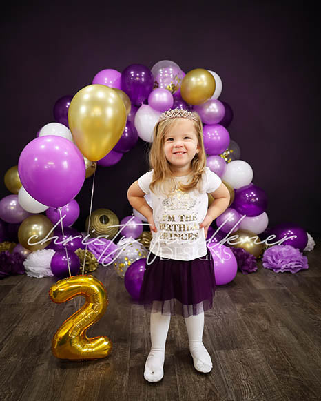Toile de fond pour photographie de l'arche de ballons violets et dorés d'Avezano conçue par Christy Faulkner