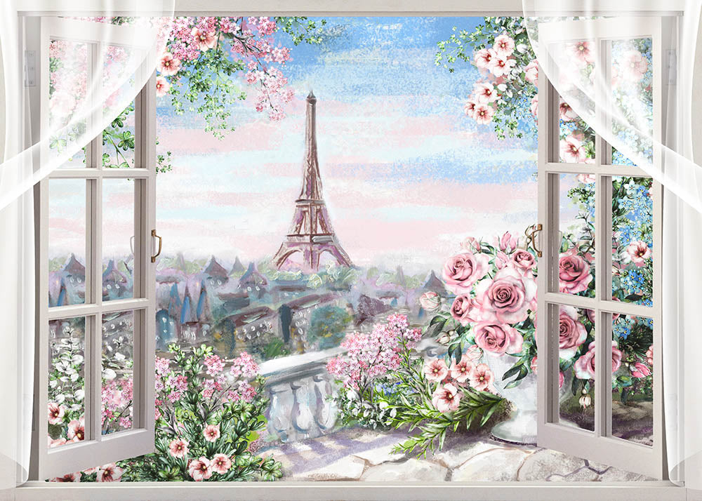 Avezano Window Fantasy Flowers And Tower Photography Backdrop-AVEZANO