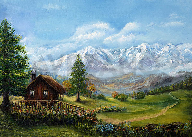Avezano Hut Under Snow Mountain Oil Painting Photography Background-AVEZANO