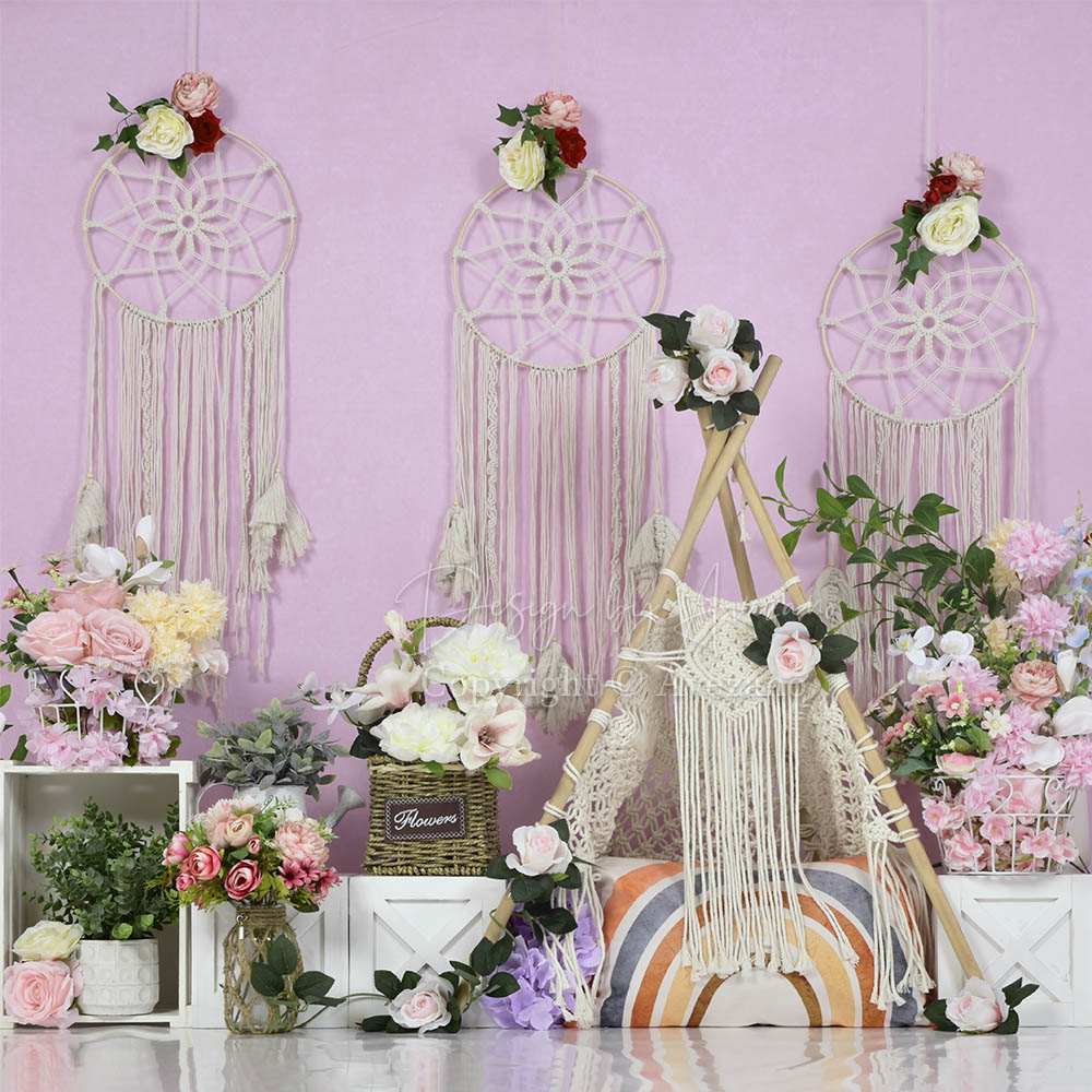 Avezano Pink Background Boho Flowers Backdrop For Photography-Backdrop-Avezano-AVEZANO