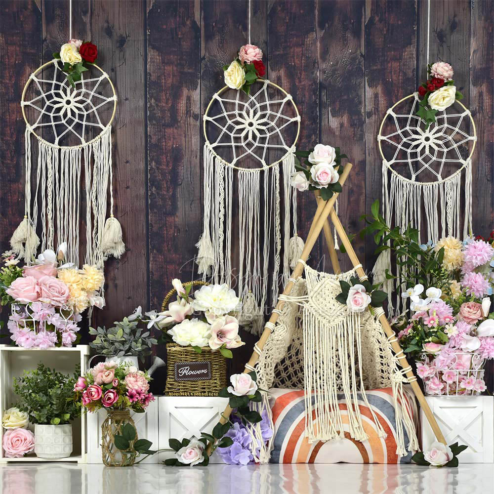 Avezano Wood Background Boho Flowers Backdrop For Photography-Backdrop-Avezano-AVEZANO