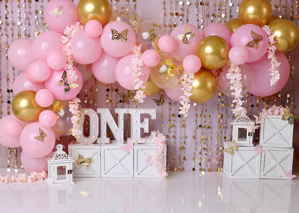 Avezano Pink and Gold Balloons One Cakesmash Backdrop for Photography Designed By Stefany Figueroa