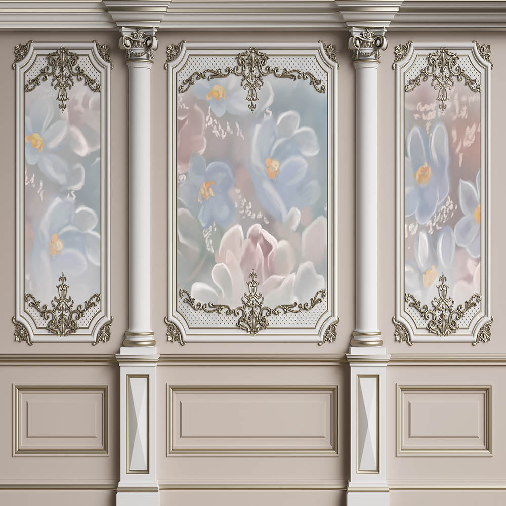 Avezano - Toile de fond pour photographie murale avec fleurs peintes à la main sur un mur blanc cassé