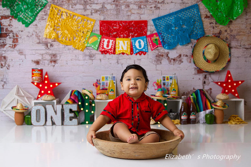Avezano Brick Wall and Five-Color Small Flag Party Photography Background by Stefany Figueroa-AVEZANO