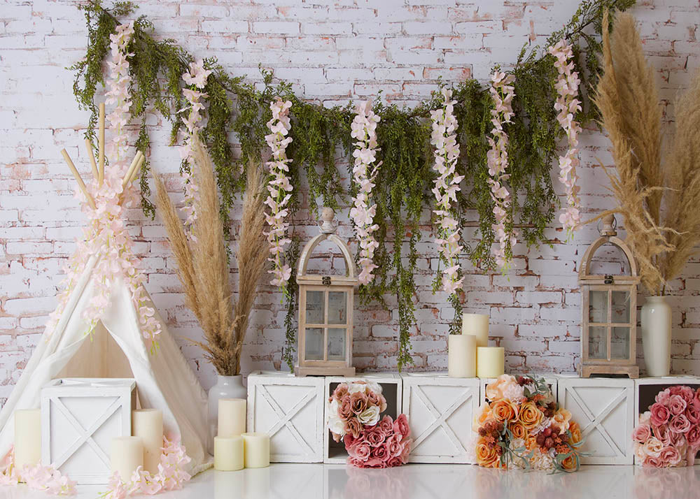 Avezano White Brick Wall and Vines Photography Background by Stefany Figueroa