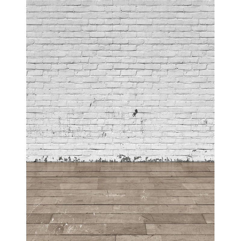 Avezano Painted White Brick Wall Photo Backdrop With Horizontal Version Wood Floor-AVEZANO