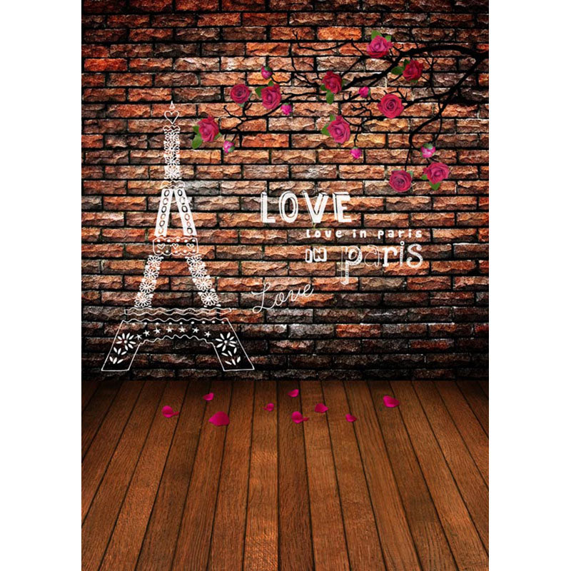 Avezano Brick Wall Texture Backdrop For Photography With Eiffel & Flowers & Wood Floor-AVEZANO