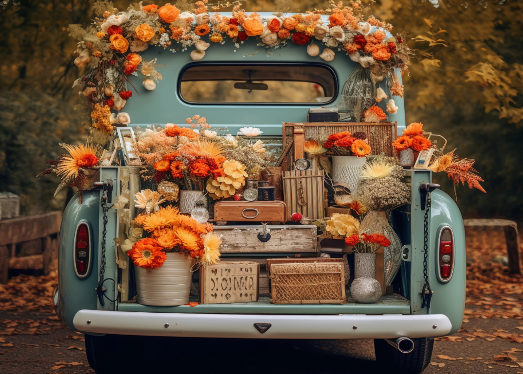 Avezano Autumn Blue Truck and Flowers Photography Backdrop