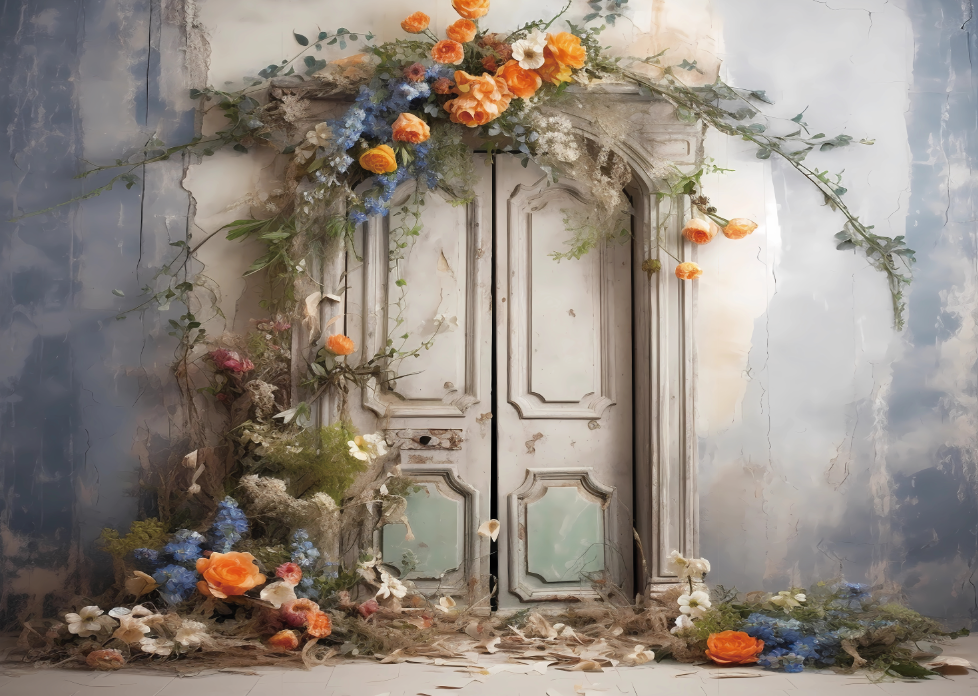 Avezano White Wooden Door and Flowers Autumn Backdrops For Photography