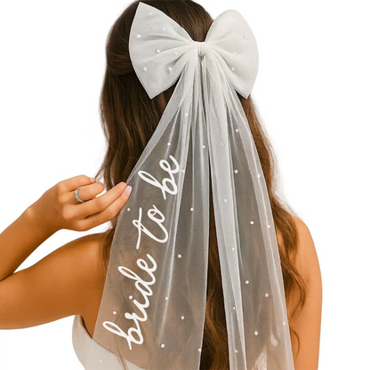 Avezano Wedding Hair Clip Pearl Bow with Veil Ribbon Hot Stamping