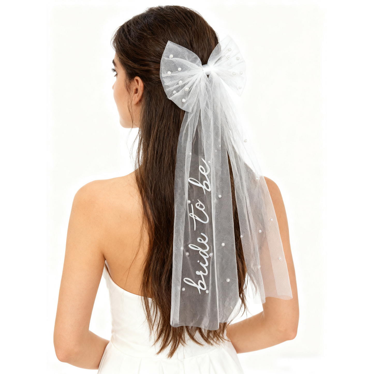 Avezano Wedding Hair Clip Pearl Bow with Veil Ribbon Hot Stamping