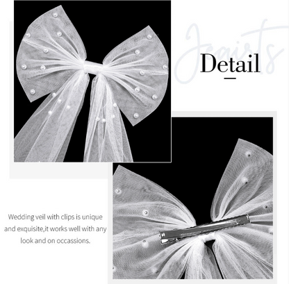 Avezano Wedding Hair Clip Pearl Bow with Veil Ribbon Hot Stamping