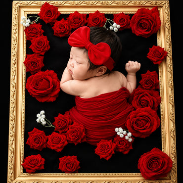 Avezano Newborn Vintage Red Rose Bow Headband Photography Prop Set