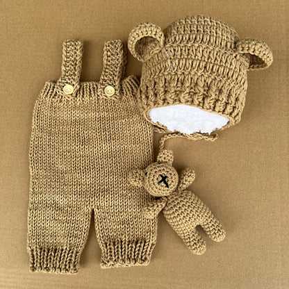 Avezano Newborn Khaki Bear Hat & Knitted Overalls Photography Outfit Set