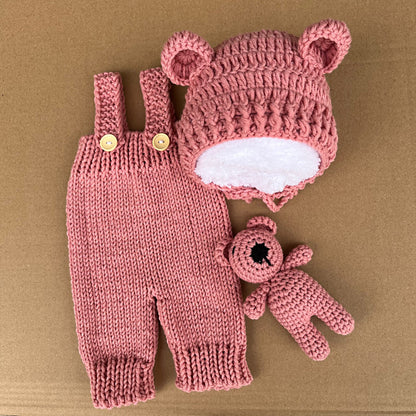 Avezano Newborn Pink Bear Hat Knitted Overalls Photo Outfit Set