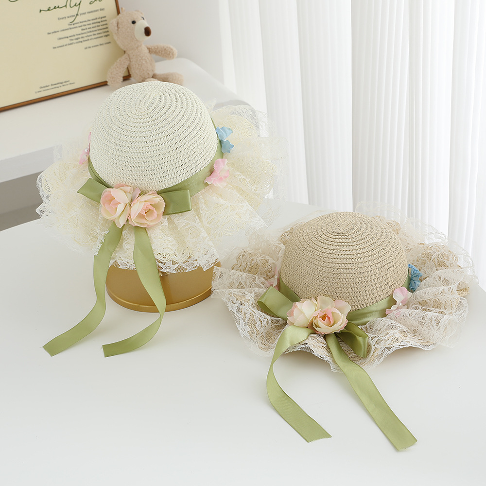Avezano Girls Lace Flower Straw Hat with Ribbon Kids Photography Prop