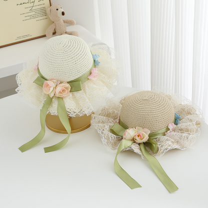Avezano Girls Lace Flower Straw Hat with Ribbon Kids Photography Prop