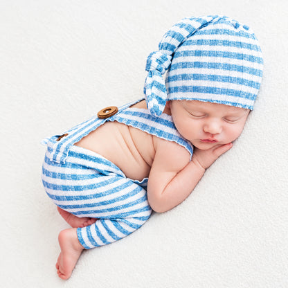 Avezano Newborn Striped Overalls Knotted Hat Photography Outfit Set