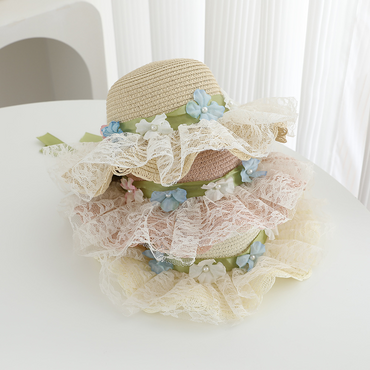 Avezano Girls Lace Flower Straw Hat with Ribbon Kids Photography Prop