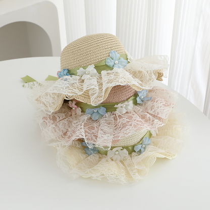 Avezano Girls Lace Flower Straw Hat with Ribbon Kids Photography Prop