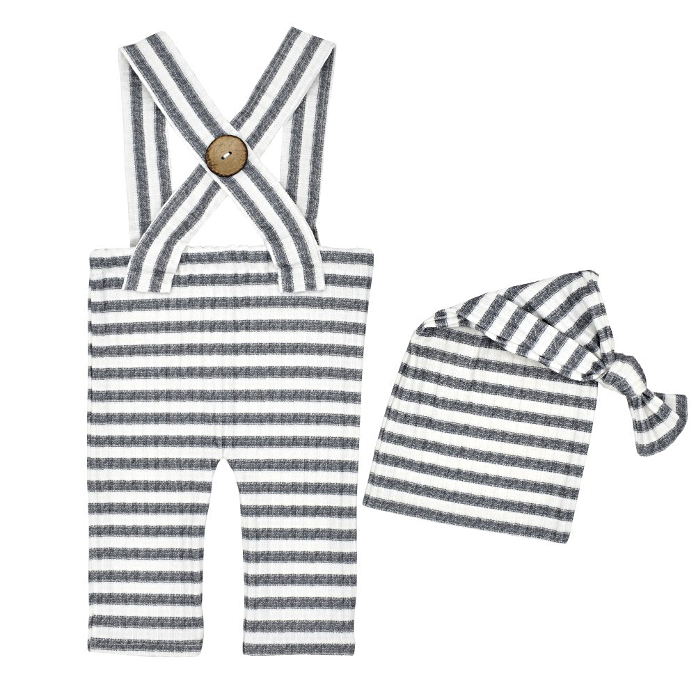 Avezano Newborn Striped Overalls Knotted Hat Photography Outfit Set