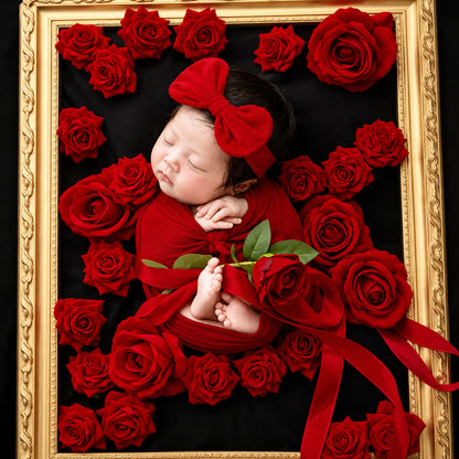 Avezano Newborn Vintage Red Rose Bow Headband Photography Prop Set
