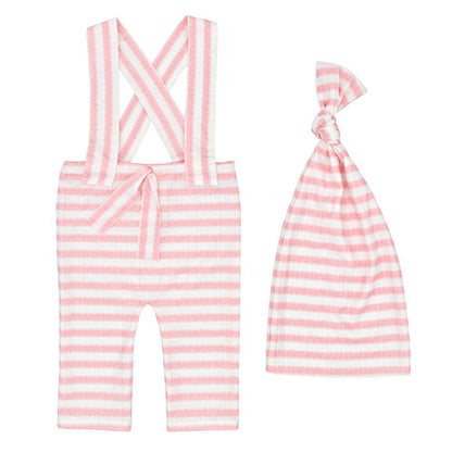 Avezano Newborn Striped Overalls Knotted Hat Photography Outfit Set